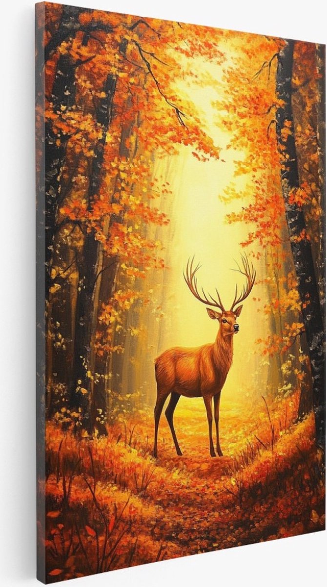 Saammp Canvas Schilderij - Hert- Olieverf - Herfst - Dieren - Natuur - 100x150 - Foto op canvas - Wanddecoratie - Muurdecoratie Woonkamer - Slaapkamer decoratie - Canvas Print Multicolor