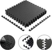 Stapel zwarte puzzelmatten met randen, met close-ups van textuur en connectoren.