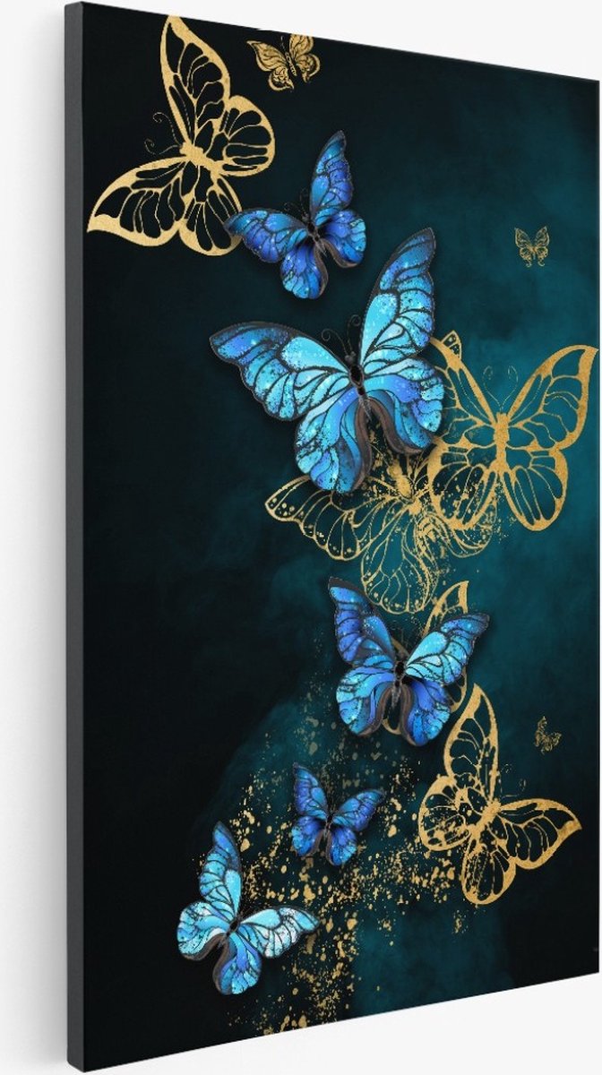 Saammp Canvas Schilderij - 3 blauwe vlinders - Bloemen - Natuur - 60x90 - Foto op canvas - Wanddecoratie - Muurdecoratie Woonkamer - Kantoor Decoratie Multicolor