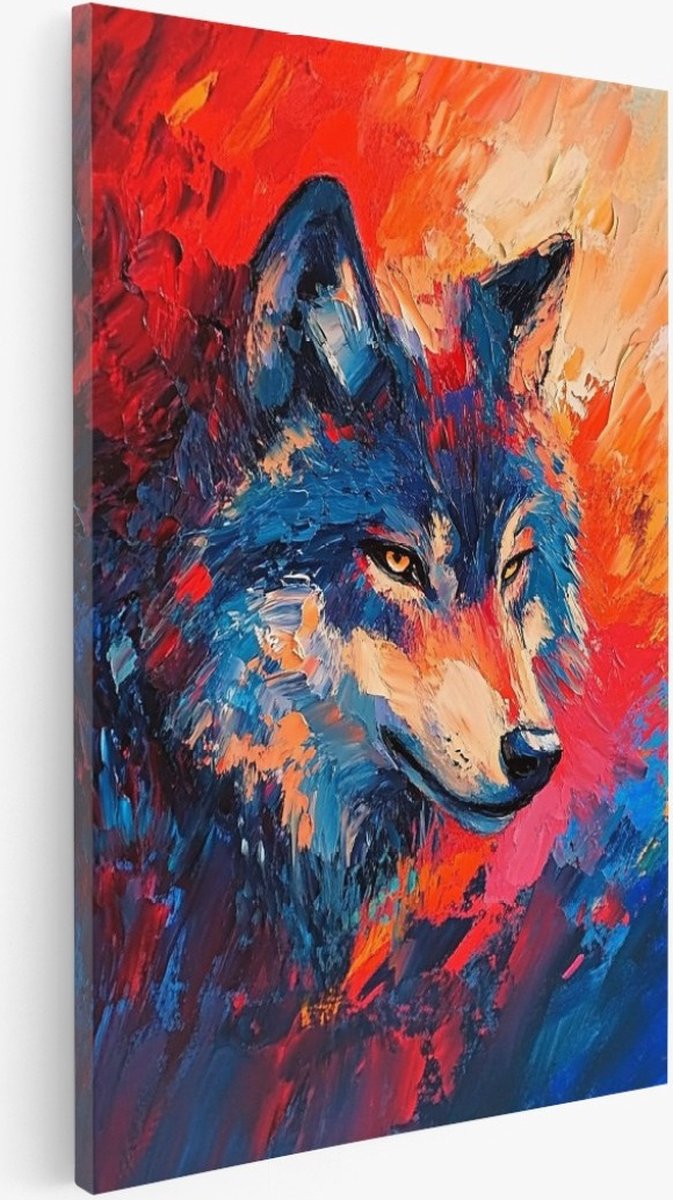 Saammp Canvas Schilderij - Rood blauwe wolf - Abstract - Dieren - Natuur - 40x50 - Foto op canvas - Wanddecoratie - Muurdecoratie Woonkamer - Slaapkamer decoratie - Canvas Print Multicolor