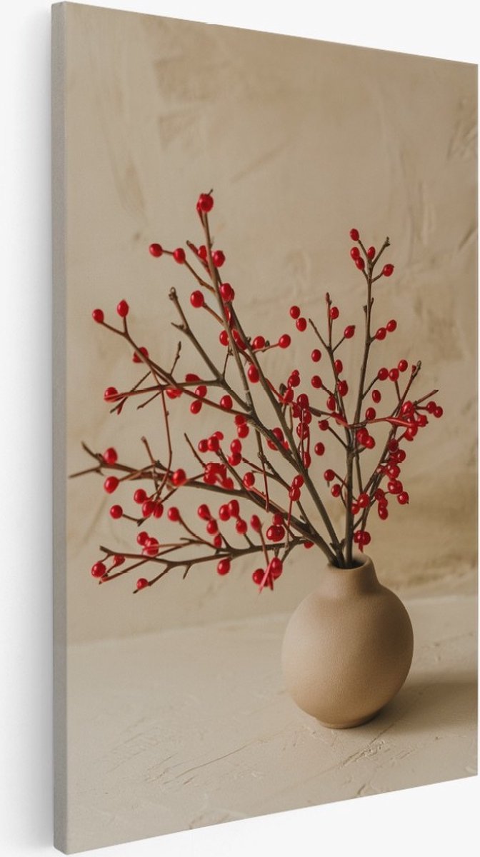 Saammp Canvas Schilderij - Plant met rode bessen - Natuur - Bloemen - 40x60 - Foto op canvas - Wanddecoratie - Muurdecoratie Woonkamer - Kantoor Decoratie Multicolor