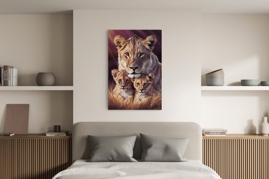 Tableau sur toile Saammp - Lion avec 2 petits - Abstrait - Animaux - 60x90 - Photo sur toile - Décoration murale - Décoration murale Salon - Décoration chambre - Impression sur toile