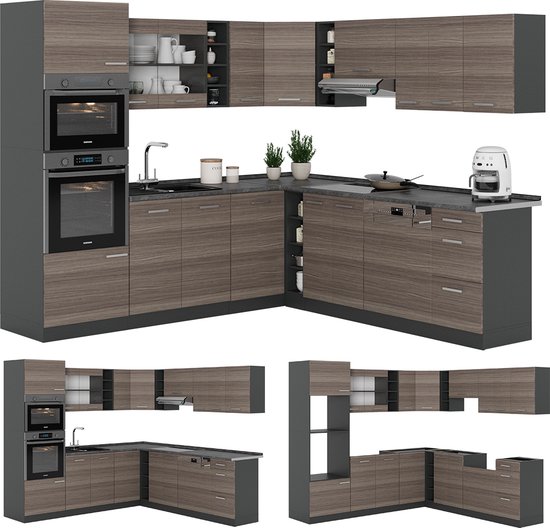 Vicco Cocina completa R-Line, Gris noble/roble dorado, 350 cm , ET
