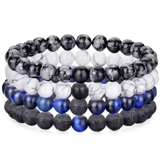 Bracelets en Natuursteen de Nalussa - Bracelets en Perles lot de 4 - Bracelet Multi Natuursteen - Grijs, Wit, Blauw, Zwart - Bracelet Homme - Bijoux - Cadeau