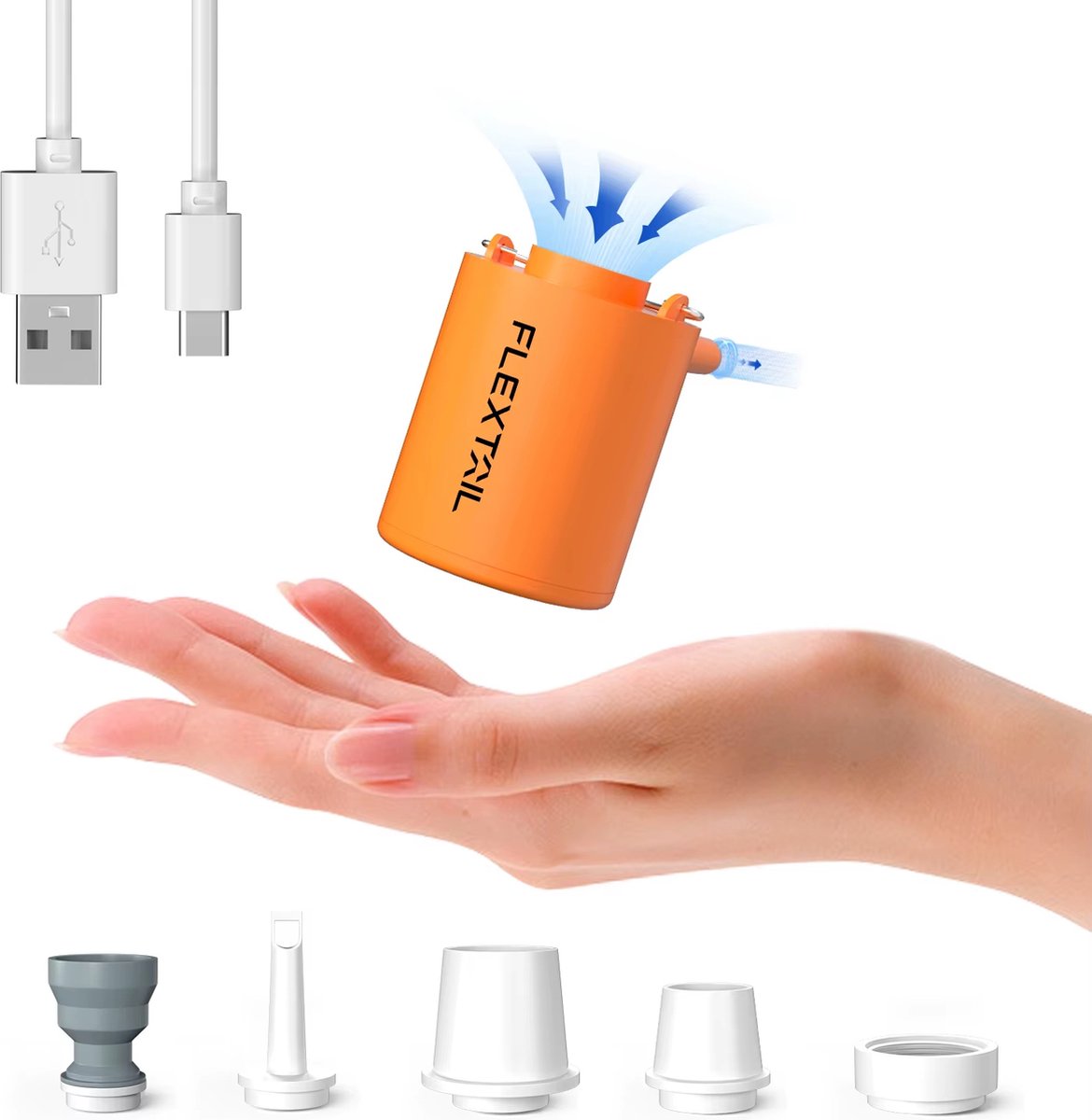 Flextail Tiny Pump 2023 luchtbedpomp - Oplaadbare luchtbedpomp - Lichtgewicht 45g - Compact 5x4cm - 4kPa - 180L/min- Incl. 5 type mondstukken- Oranje