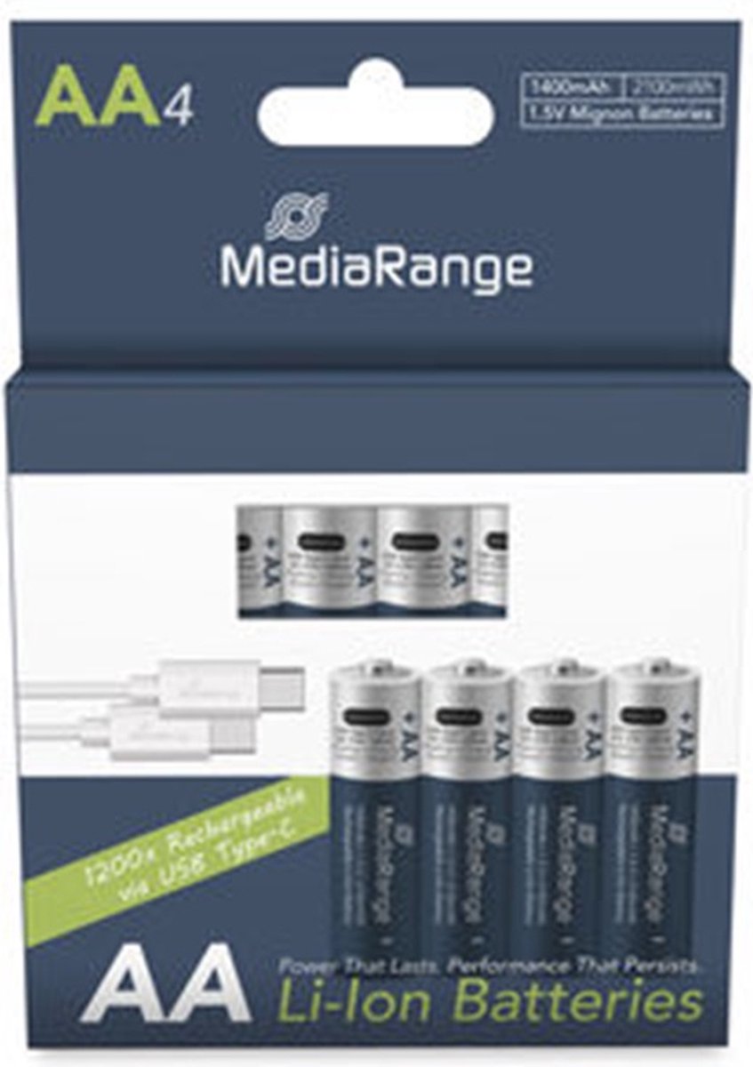 MediaRange oplaadbare USB-C Li-Ion batterijen, Mignon AA I 1.5VI 1.400mAh, 4-pack