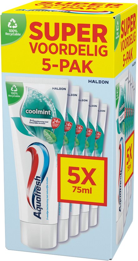 Doos met 5 tubes Aquafresh Coolmint tandpasta, elk 75ml. Bovenkant met "SUPER VOORDELIG 5-PAK".