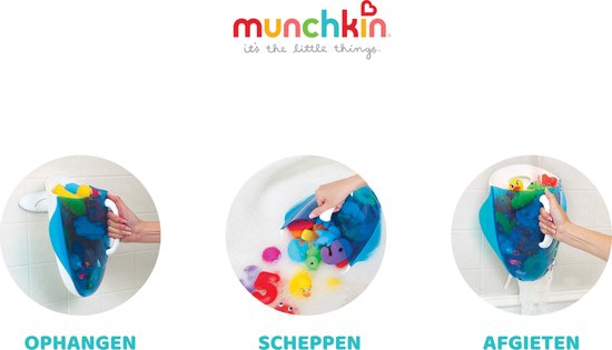 Drie afbeeldingen tonen de Munchkin badschep: hangend, scheppend speelgoed en afgieten.