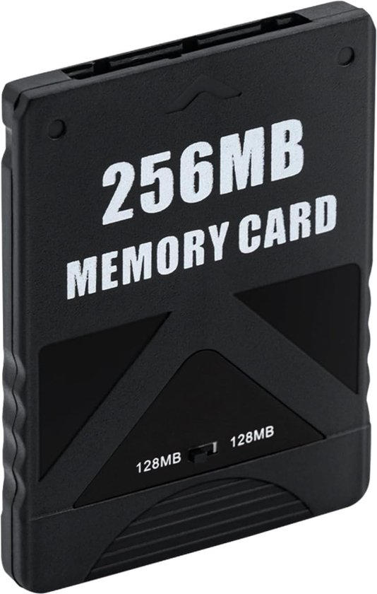 Zwarte 256MB memory card voor Playstation 2 met 128MB/128MB schakelaar.