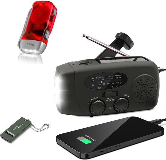 Nood Radio Op Batterijen (Accu) Voor Rampen - Knijpkat - Noodfluit - Radio Opwindbaar - Noodradio - Solar Opwindbaar - Multifunctionele Noodradio - Survival Radio - Zaklamp / Powerbank - Noodpakket - Noodpakket voor Thuis - Draagbare Radio - Zwart