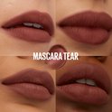 Collage van vier verschillende lippen met bruin getinte lippenstift. "Mascara Tear" in witte letters.