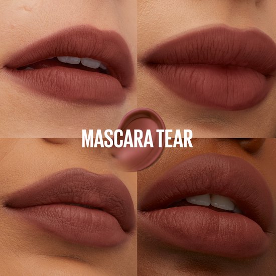 Collage van vier verschillende lippen met bruin getinte lippenstift. "Mascara Tear" in witte letters.