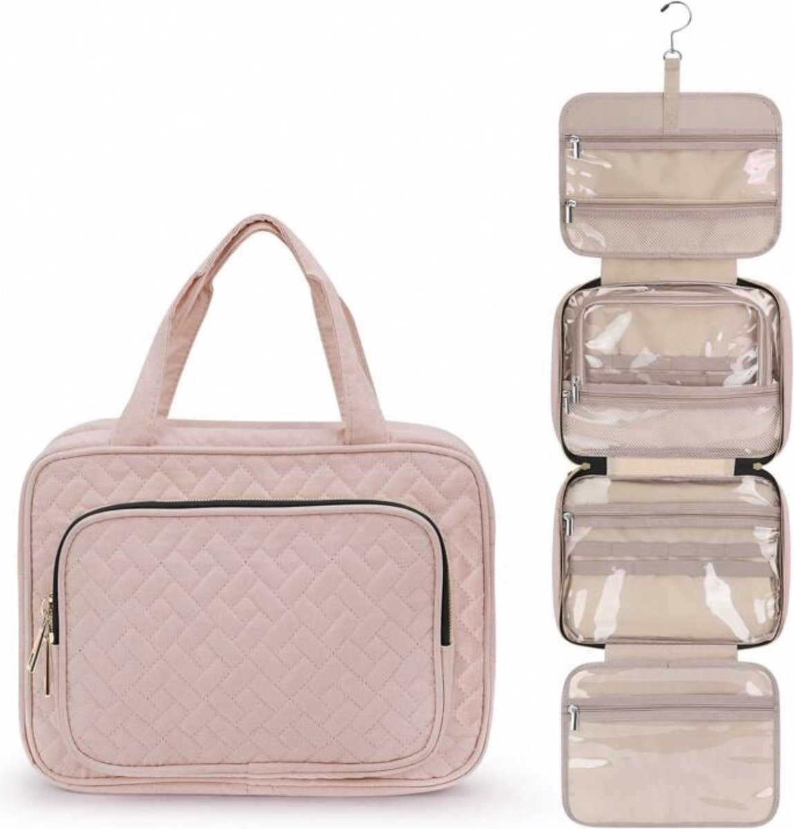 Twenty Two™ Hangende toilettas voor dames met 4 vakken | opvouwbare opbergtas organizer voor je toiletartikelen/make-up | grote inhoud | met 360 graden draaibare haak | voor vakantie, badkamer, weekend weg | organizer tas, beautycase dames | roze