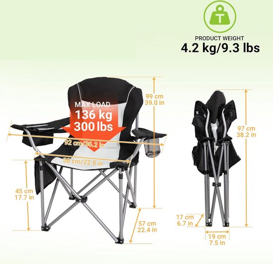 FUNDANGO Campingstoel, opvouwbaar, voor 2 personen, campingbank met koeltas en twee bekerhouders, extra brede campingstoelen met 300 kg belastbaarheid, geschikt voor camping en outdoor