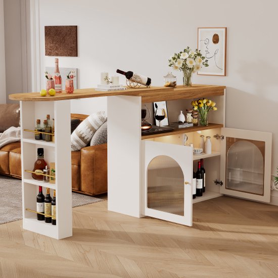 Gotagee Table de bar extensible Table à manger avec espace de rangement Table de bar rotative Table de bistro Table à manger Avec LED (couleur de la lumière réglable) Wit