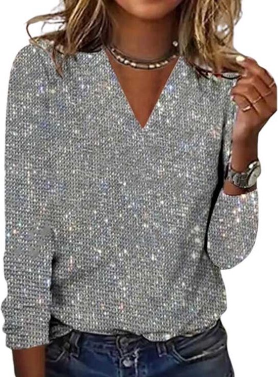 Pull Argent Glitter - Col V- Paillette - Femme - Chemise à manches longues - Brillant