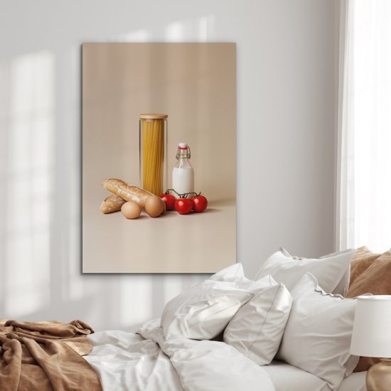 Aluminium schilderij 60x90 cm - Wanddecoratie metaal - Spaghetti - Melk - Tomaten - Eieren - Brood - Metalen muurdecoratie woonkamer - Decoratie industrieel - Foto op dibond - Industriële accessoires slaapkamer