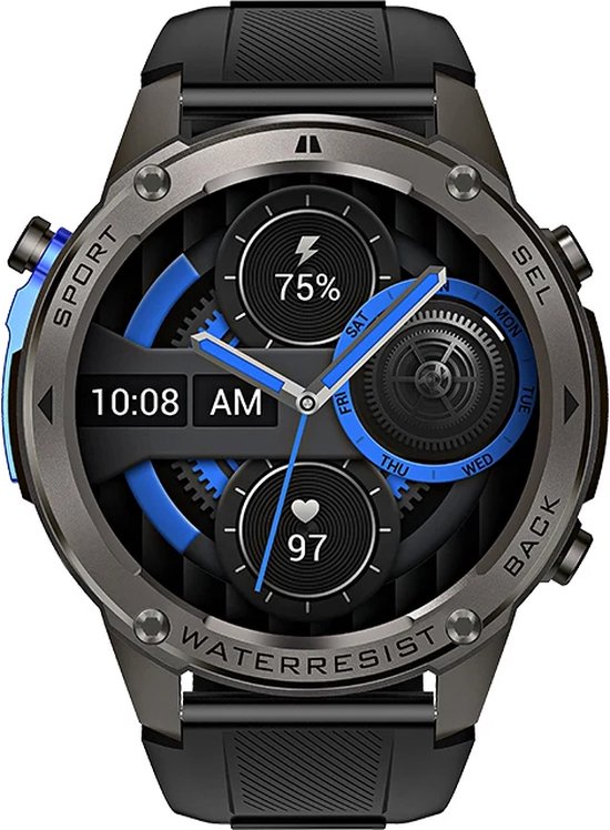Zwarte smartwatch met grijze lunette, blauwe accenten en een scherm dat 10:08 AM weergeeft.