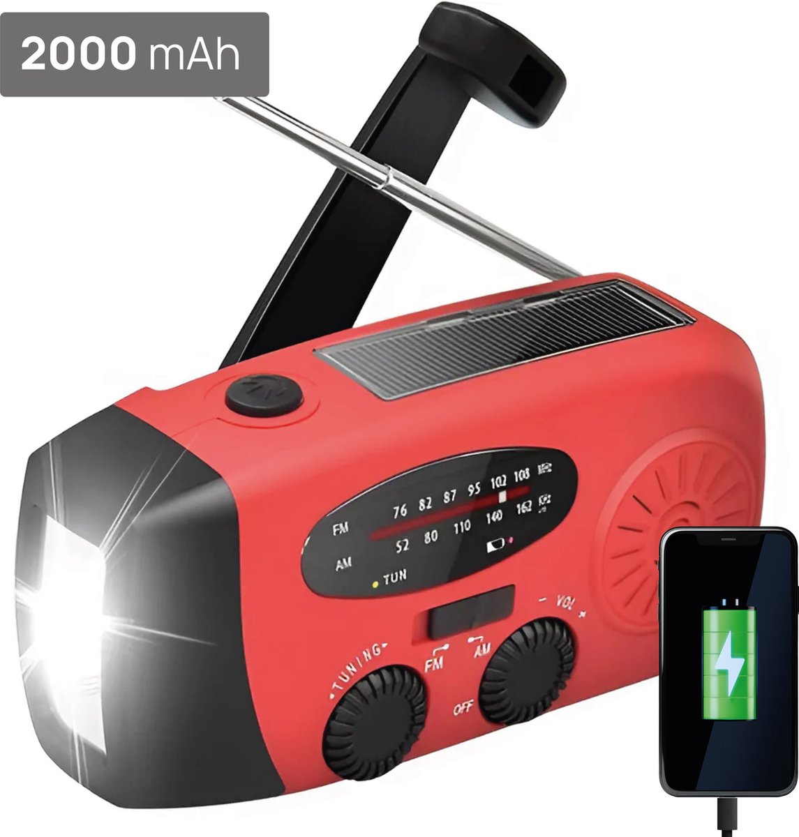 Kaaiman® Noodradio - Solar Opwindbaar - Oplaadbare radio - Rood - Oplaadbaar via Batterij, Zon, USB en Opwinden - Powerbank 2000mAh - Zaklamp - AM/FM - Zakradio - USB C kabel - Emergency radio - Survival radio