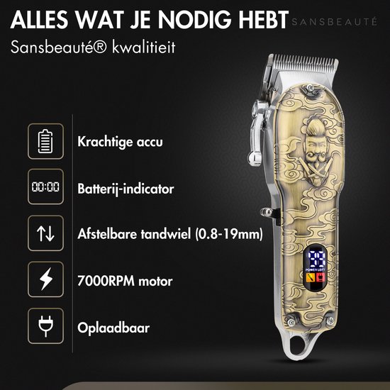 Gouden tondeuse met "Buddha" reliëf, digitaal display, verstelbare tandwiel en "Krachtige accu".