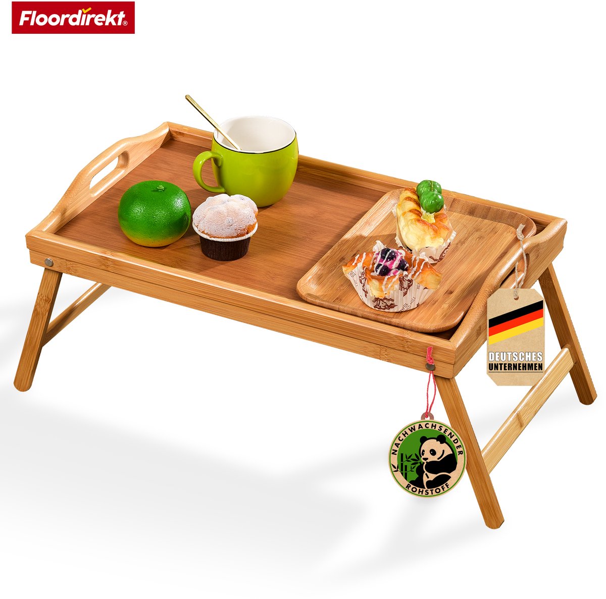 FLOORDIREKT Utah Bed Dienblad - Dienblad met Pootjes - Houten Dienblad - Gemaakt van Bamboe - Ontbijt Dienblad voor Bed - Multifunctioneel Opvouwbaar - 50 x 30 x 23 cm