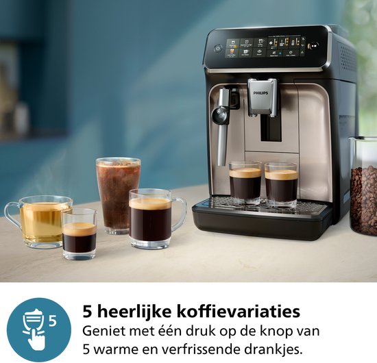 Philips 3300 Series - Espressomachine - 5 Warme & Koude Dranken - Melkopschuimer voor Cappuccino - 40% Stiller - AquaClean Filter - Volautomatisch - Zwart & Zilver - EP3329/70