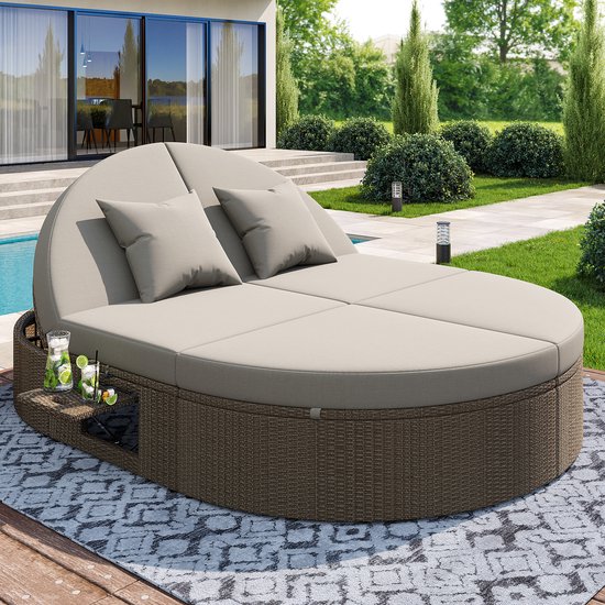 Dubbele rotan ligstoel, outdoor dagbed, ligstoel met zijrek, zonnebed