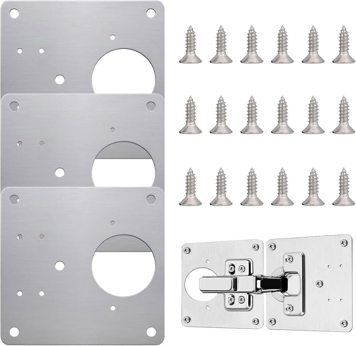 Famanu - Scharnier reparatieplaat, roestvrij stalen scharnier, reparatieplaten voor keukenkast met schroeven voor de reparatie van deur, kast, woonmeubels, lade, kisten, raam (3 stuks)