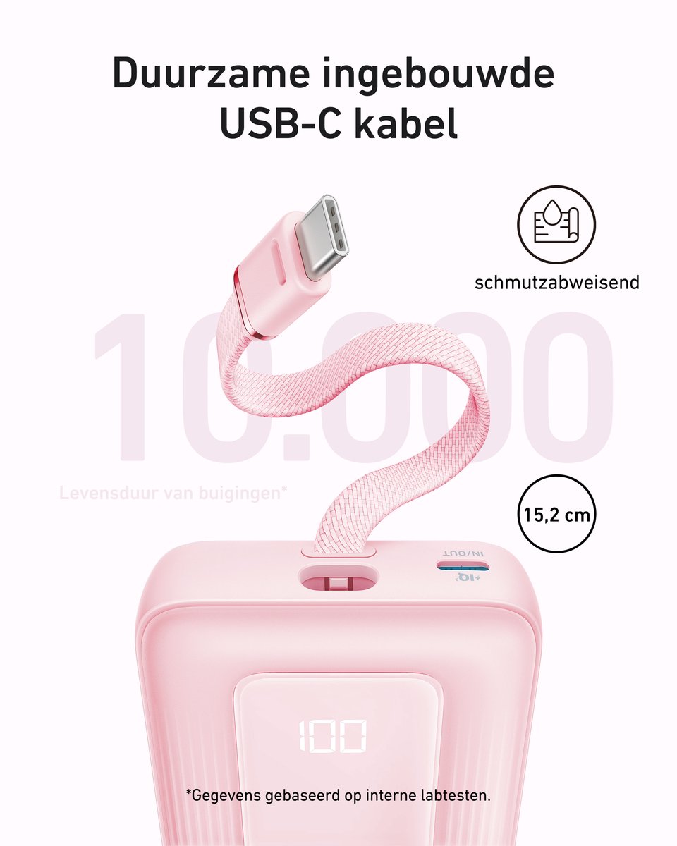 Afbeelding 2 van Anker Zolo Powerbank (20.000mAh - 30W - Geïntegreerde USB-C Kabel) - 1x USB-C & 1x USB-A Poort - Zwart - Compact & Draagbaar Ontwerp