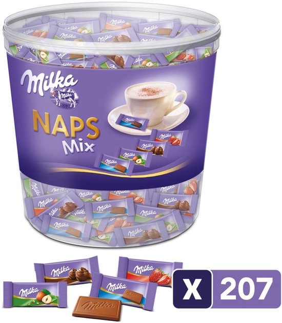 Een paarse pot met Milka Naps Mix chocolades, afgebeeld met losse verpakkingen en een grote 'X 207'.