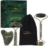 Sensage Jade roller met Gua Sha steen - Massage - 100% natuurlijk groene jade - Gezichtsroller - Face roller - Roller - Gezichtsmassage - 4-delige Beauty set