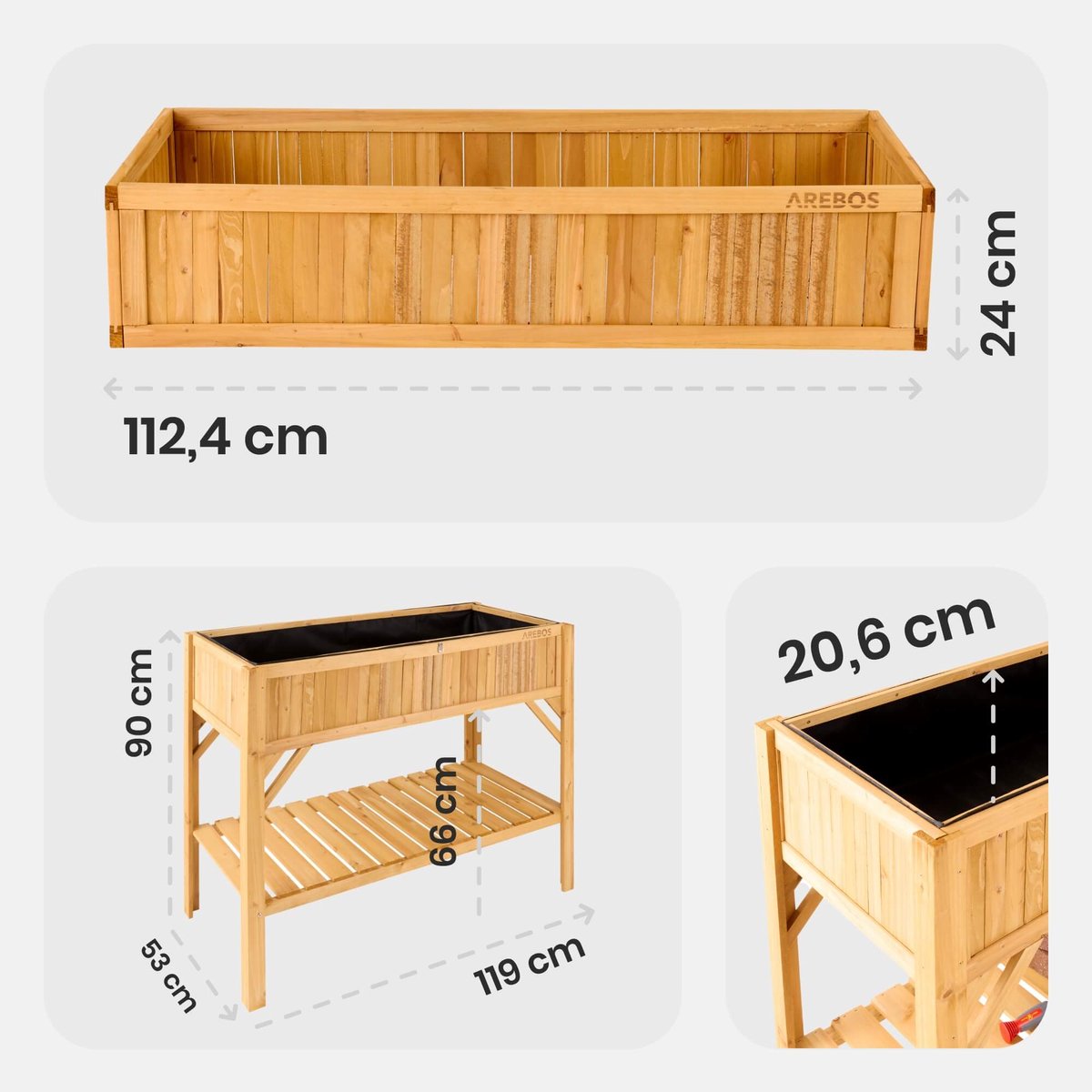 Arebos Verhoogde Plantenbak met Wielen en Opbergruimte 108 x 51 x 80 cm
