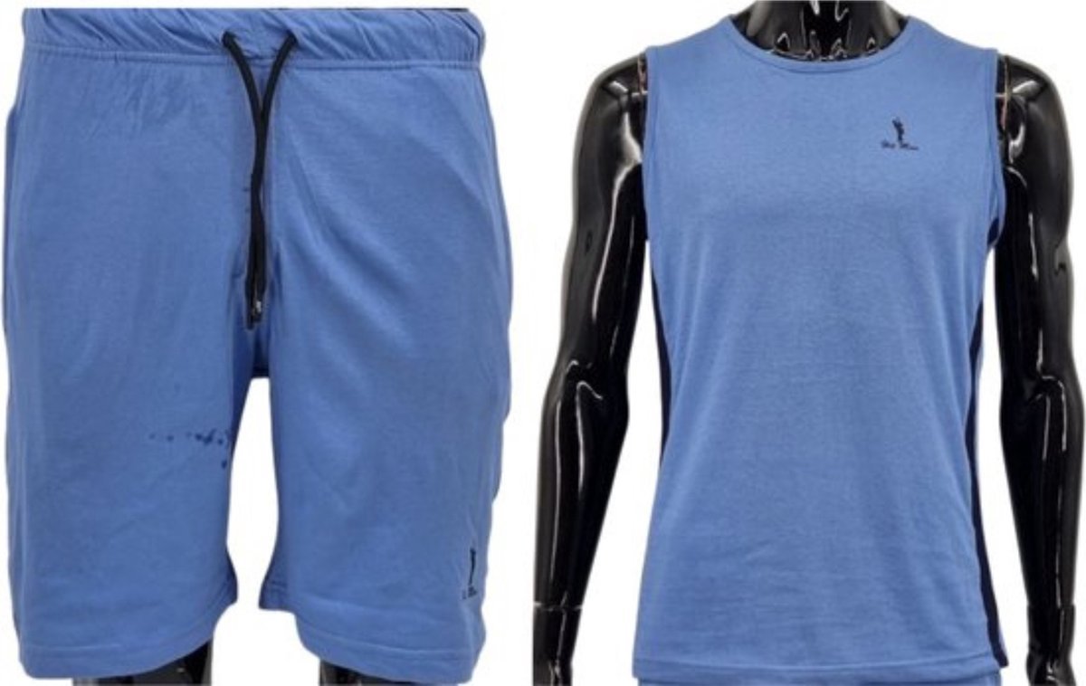 Hitman – Korte Broek Heren - 100% Katoen - 2 Delige Set - Korte Broek met Ritszakken - Sportkleding Heren - Huispak Heren - 1 x Korte Broek en 1 x Heren Hemd - Licht Blauw - Maat XXXL