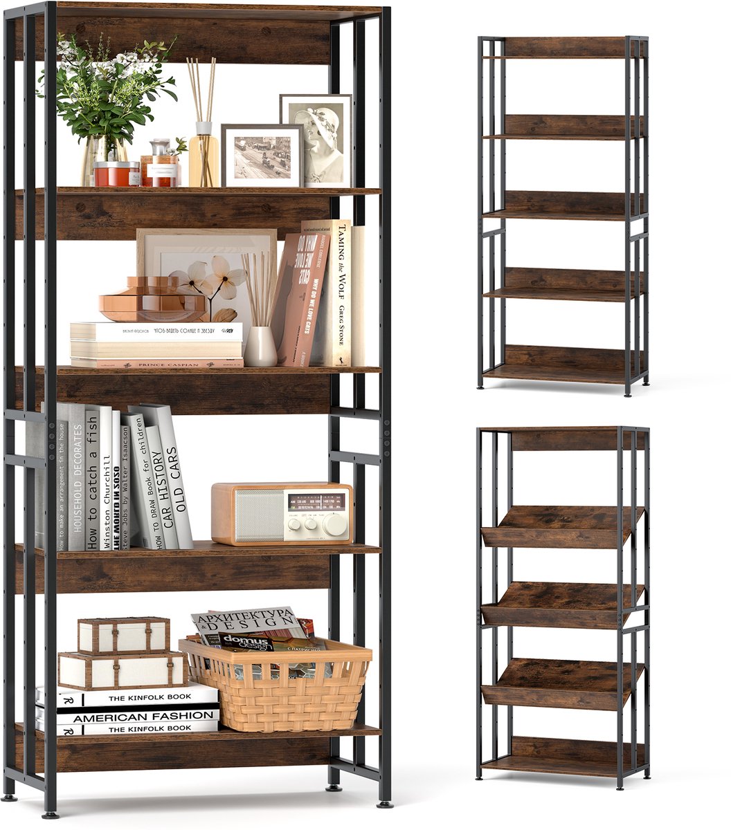 COSTWAY Boekenkast met 5 niveaus, staand rek met kantelbare planken, industrieel rek met metalen frame voor woonkamer, slaapkamer, werkkamer, 70 x 35 x 157 cm