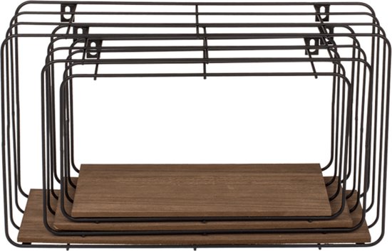 Metalen wandplank, met houten voet, Set van 3