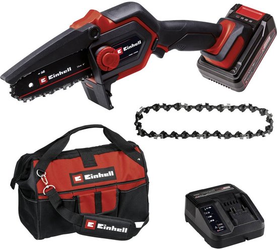 Einhell Accu Mini Kettingzaag GE-PS 18/15 Li Bag Kit - Power X-Change - 18 V/Li-ion - Koolborstelloze motor - Zwaardlengte: 20 cm - Max. Zaaglengte: 14 cm - Kettingsnelheid: 4,8 m/s - Incl. 1x 2.5 Ah accu, lader en tas