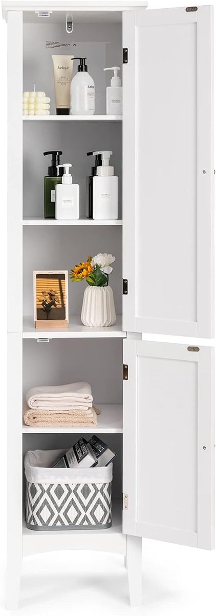 COSTWAY Badkamerkast met 5 verdiepingen, smal, vrijstaande hoge kast met 2 lamellendeuren, planken en kantelbeveiliging, badkamerkast voor badkamer, keuken en woonkamer, 37 x 37 x 160 cm (wit)