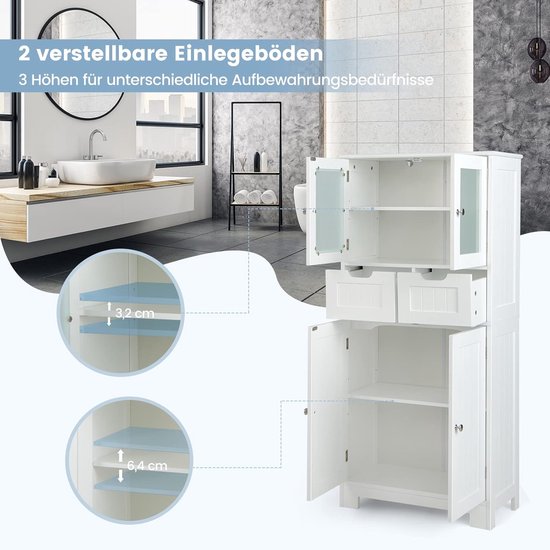 COSTWAY Badkamerkast met 2 laden en 4 deuren, badkamerkast met verstelbare planken, opbergkast voor badkamer, keuken, woonkamer (wit)
