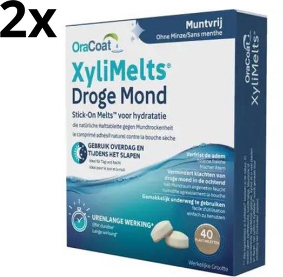 Twee verpakkingen OraCoat XyliMelts Droge Mond, muntvrij. Verpakking met blauwe golven en tekst, bevat 40 tabletten per stuk.