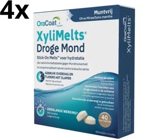 Verpakking van 4 OraCoat XyliMelts met 'Muntvrij' tekst, voor droge mond, 40 tabletten per verpakking.