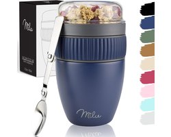Milu Muesli Beker To Go | Yoghurt Beker To Go 400 ml | Geïsoleerde Roestvrijstalen Yoghurtbeker Voor Muesli | Lekvrije Mueslibeker met Lepel voor Yoghurt/Pap (Marineblauw)