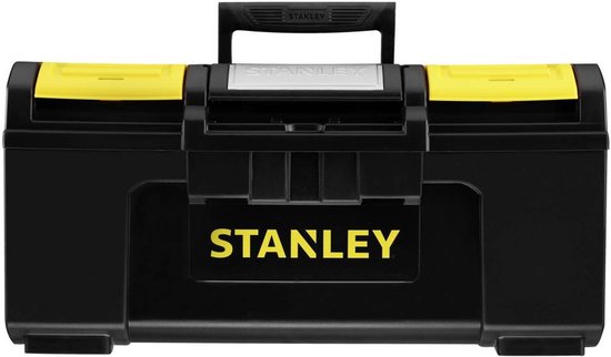 Zwarte Stanley gereedschapskoffer met gele accenten en handvat, gesloten.