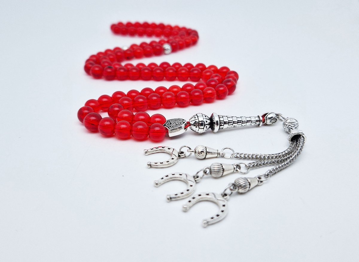 Handgemaakte tesbih "Tasbih" natuursteen "Rode kwarts" - Aantal kralen 99 - Diameter kralen 8MM - met metaal tassel "Hoefijzer" - Een mooi cadeau-idee