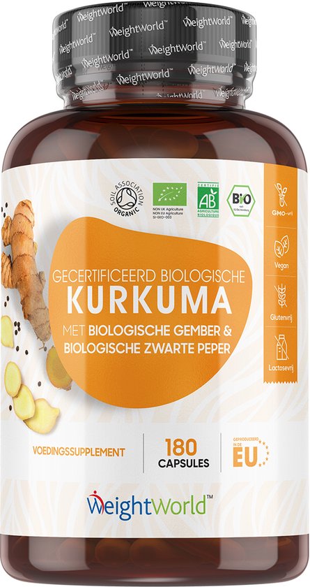 WeightWorld Biologische Kurkuma met zwarte peper en gember - 1440 mg - 180 vegan capsules