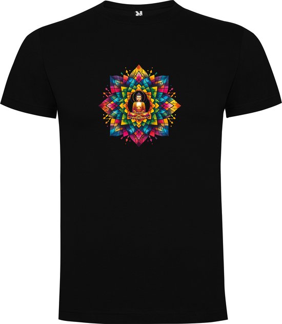 Zwart T-Shirt met Kleurrijke print “ Bijzondere Mandala met Boeddha Lotus - Zen – Meditatie “ Print Full Color Maat M
