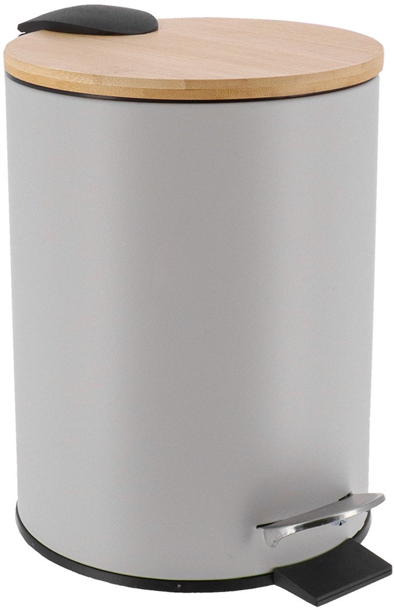 Tendance Badkamer prullenbak/afvalbak Bamboo vibe - soft close - lichtgrijs - 3 liter - metaal