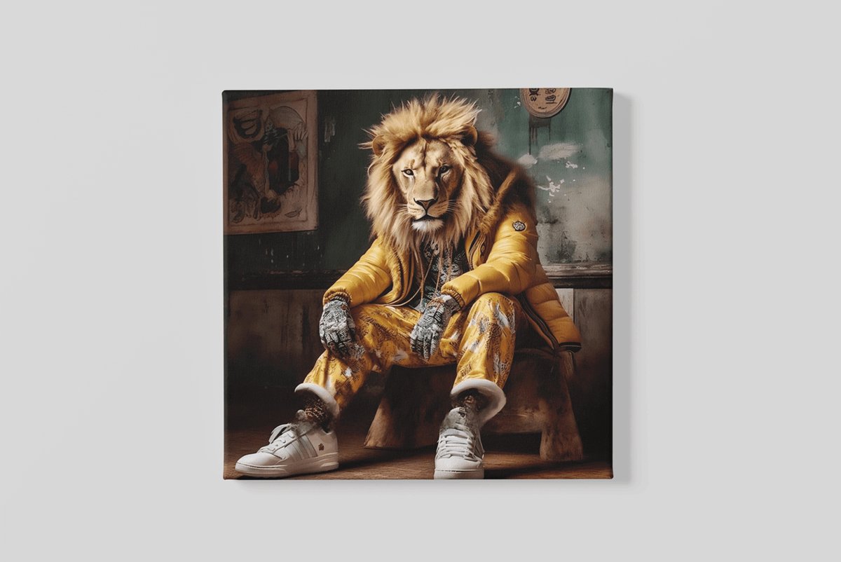Trendex Global Canvas Schilderij Dieren - Cole Leeuw - Vierkant - Wanddecoratie - 40x40x2 cm Bruin