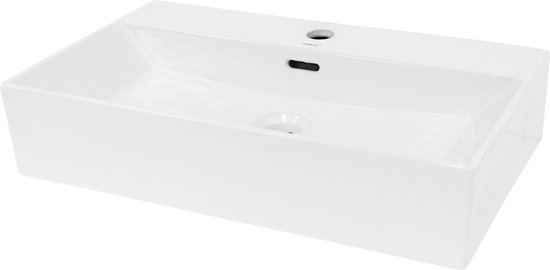 Lavabo rectangulaire blanc, vu de côté et en perspective.