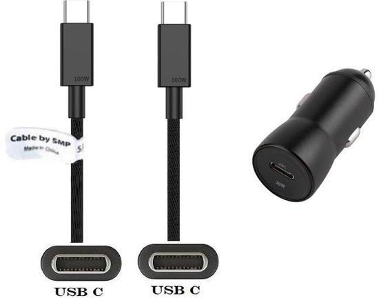 OneOne auto snellader + 1,2m sterke USB C naar C kabel. 20W lader. Autolader adapter past op Samsung Galaxy A34, A54, A24, A14, A05, F04, F34, F54, A15, A25, A35, F15, M14, M04, M34, M21, M30, M40, M54