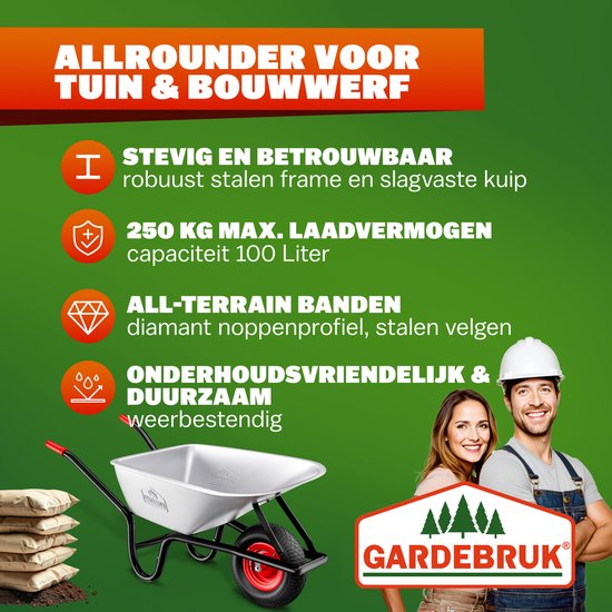 Gardebruk Kruiwagen - 100L 250kg Stalen Frame 140x67x58 - Zilver